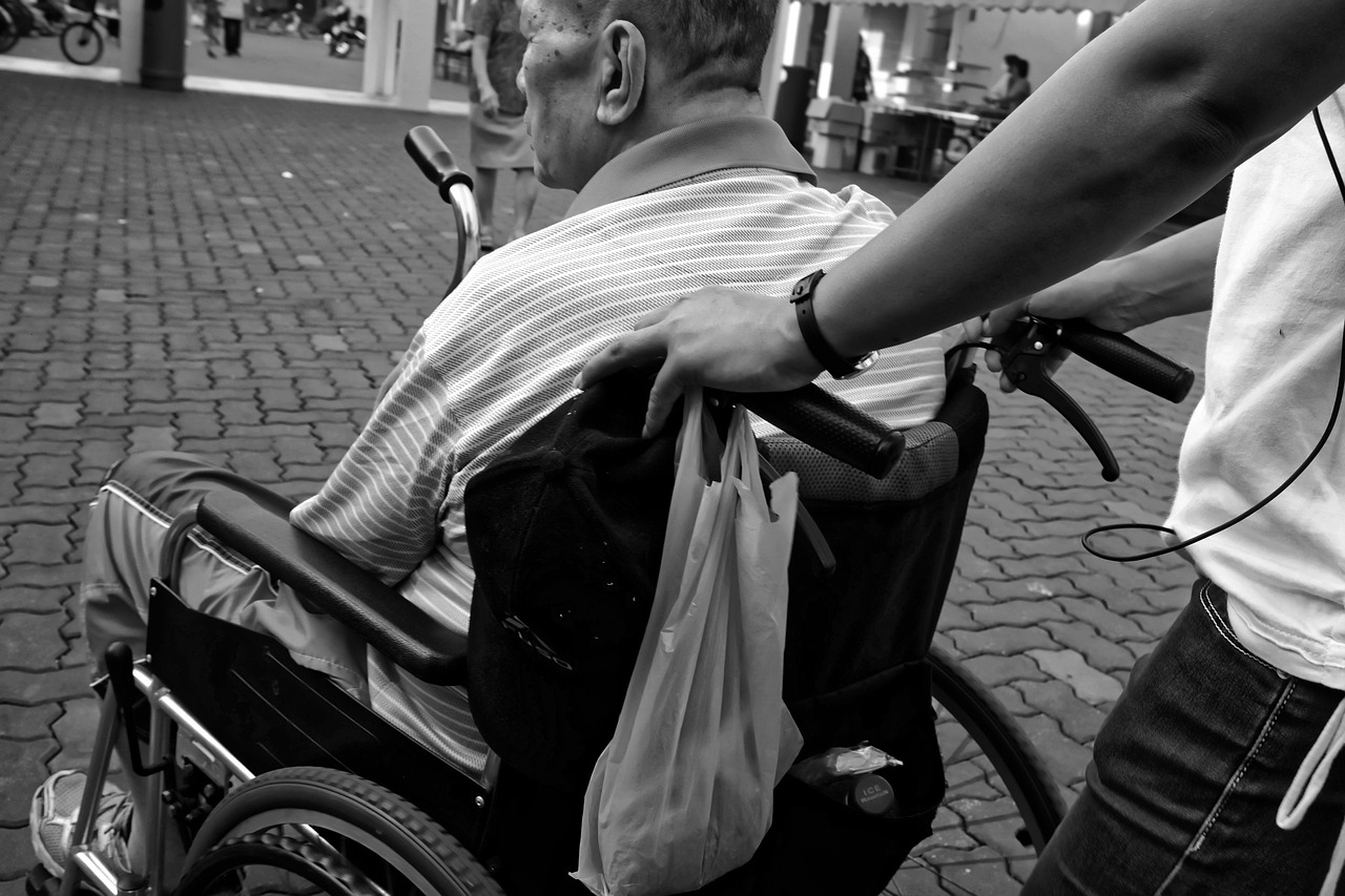 wheelchair, elderly, man, pushed, carer, black and white photo, gray elderly, wheelchair, carer, carer, carer, carer, carer