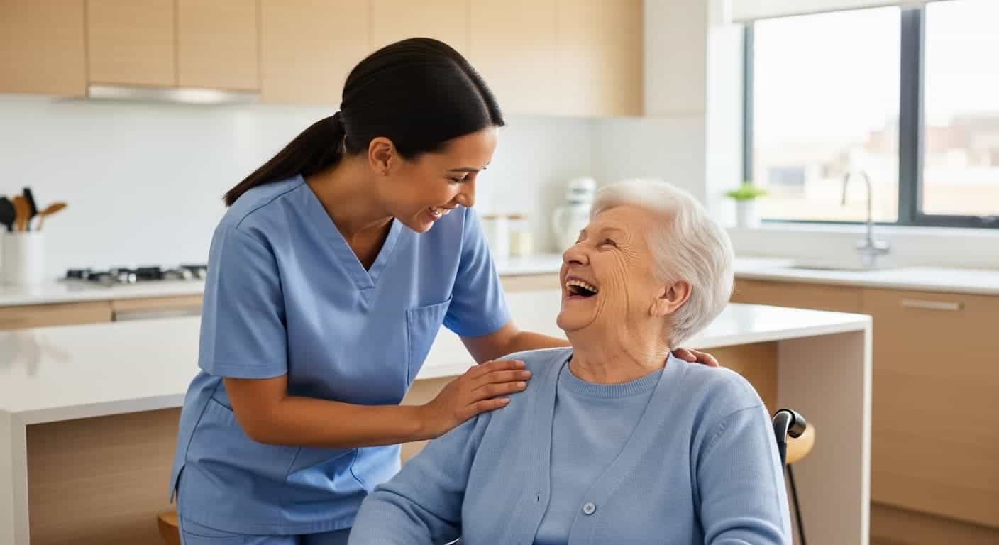 Pflegekraft in blauer Arbeitskleidung berührt fürsorglich die Schulter einer älteren Frau im Rollstuhl in einer hellen Küche.