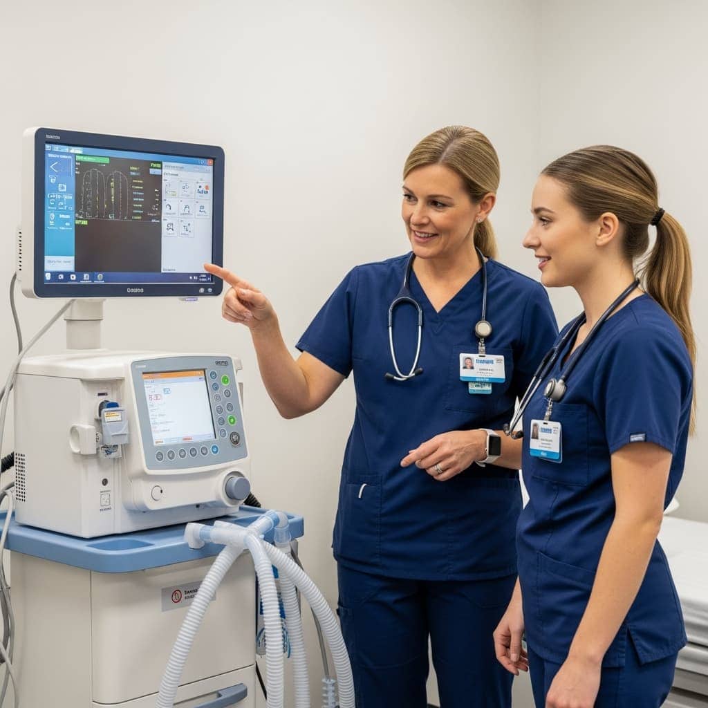 Zwei Pflegekräfte in blauen Kitteln mit Stethoskopen vor einem Beatmungsgerät mit Bildschirm, eine zeigt auf den Monitor.