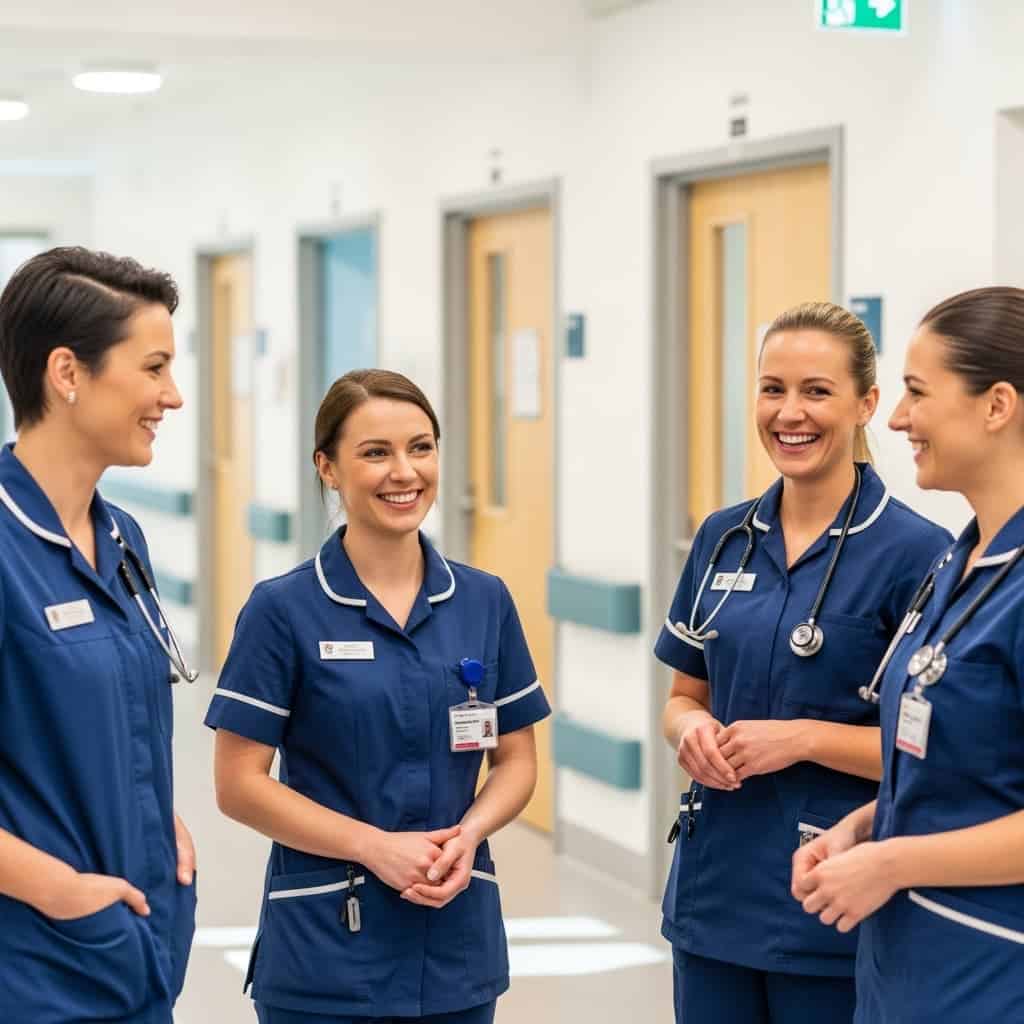 Vier Pflegekräfte in dunkelblauen Uniformen mit Namensschildern und Stethoskopen stehen im Krankenhausflur im Gespräch zusammen.