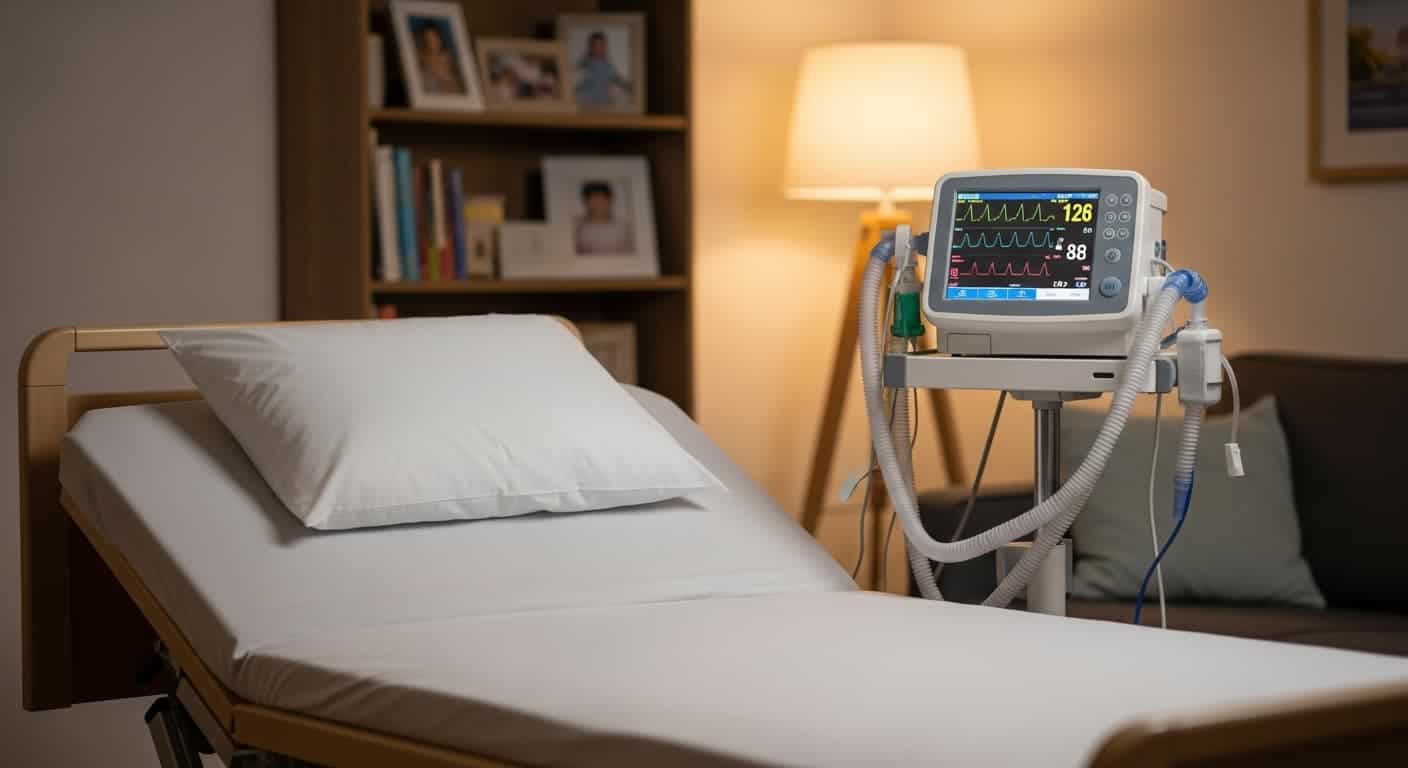 Krankenbett mit weißem Kissen und Bettlaken, daneben medizinisches Überwachungsgerät mit farbigem Display und Schläuchen.