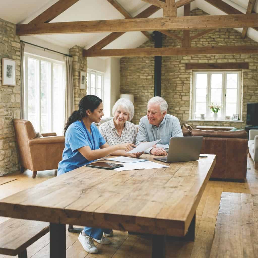 Pflegeberatung Essen zu Hause – Pflegefachkraft bespricht Unterlagen mit älterem Ehepaar am Holztisch