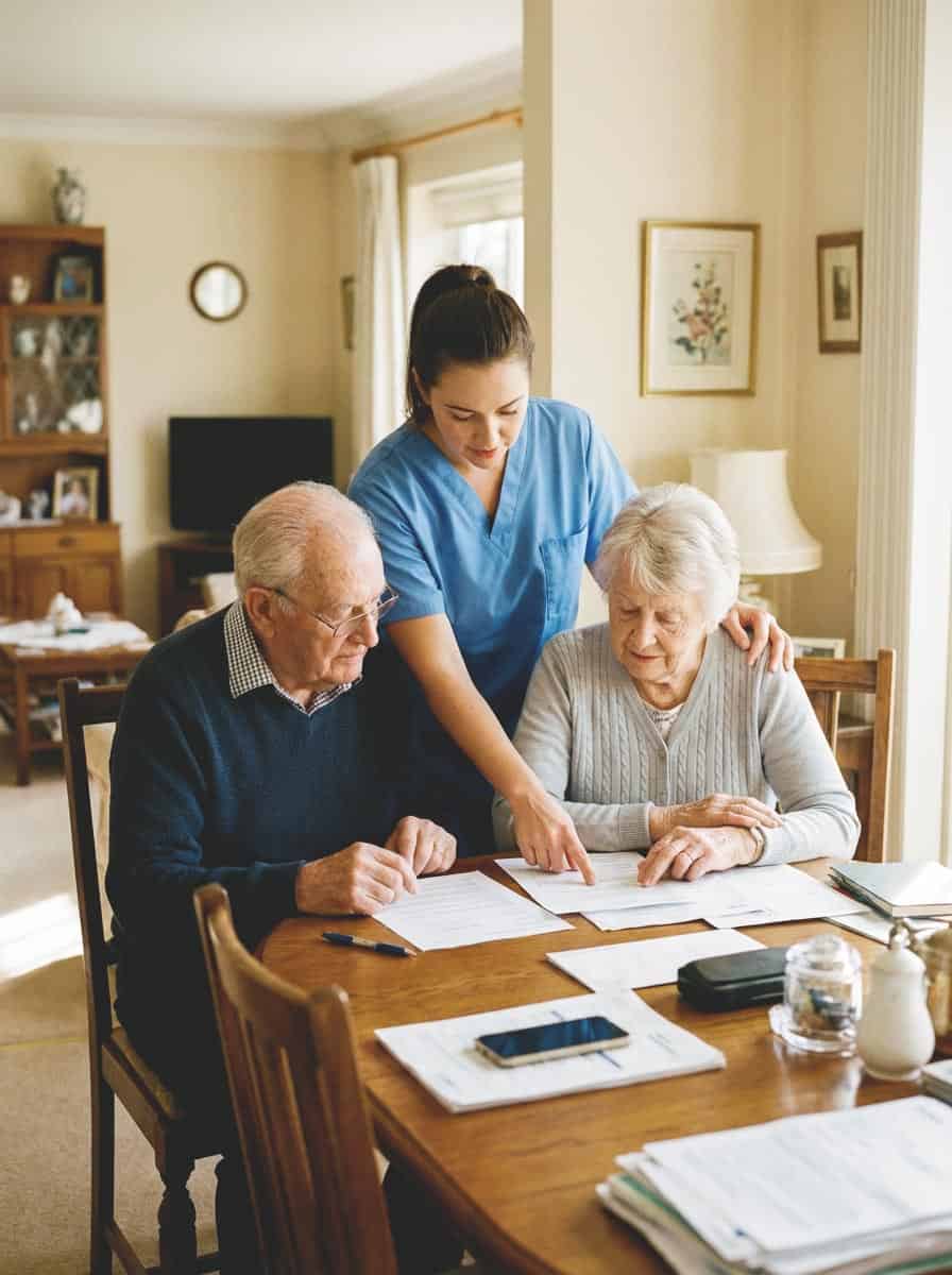 Pflegeberatung Essen – Pflegefachkraft unterstützt älteres Ehepaar beim Ausfüllen von Pflegeunterlagen am Esstisch