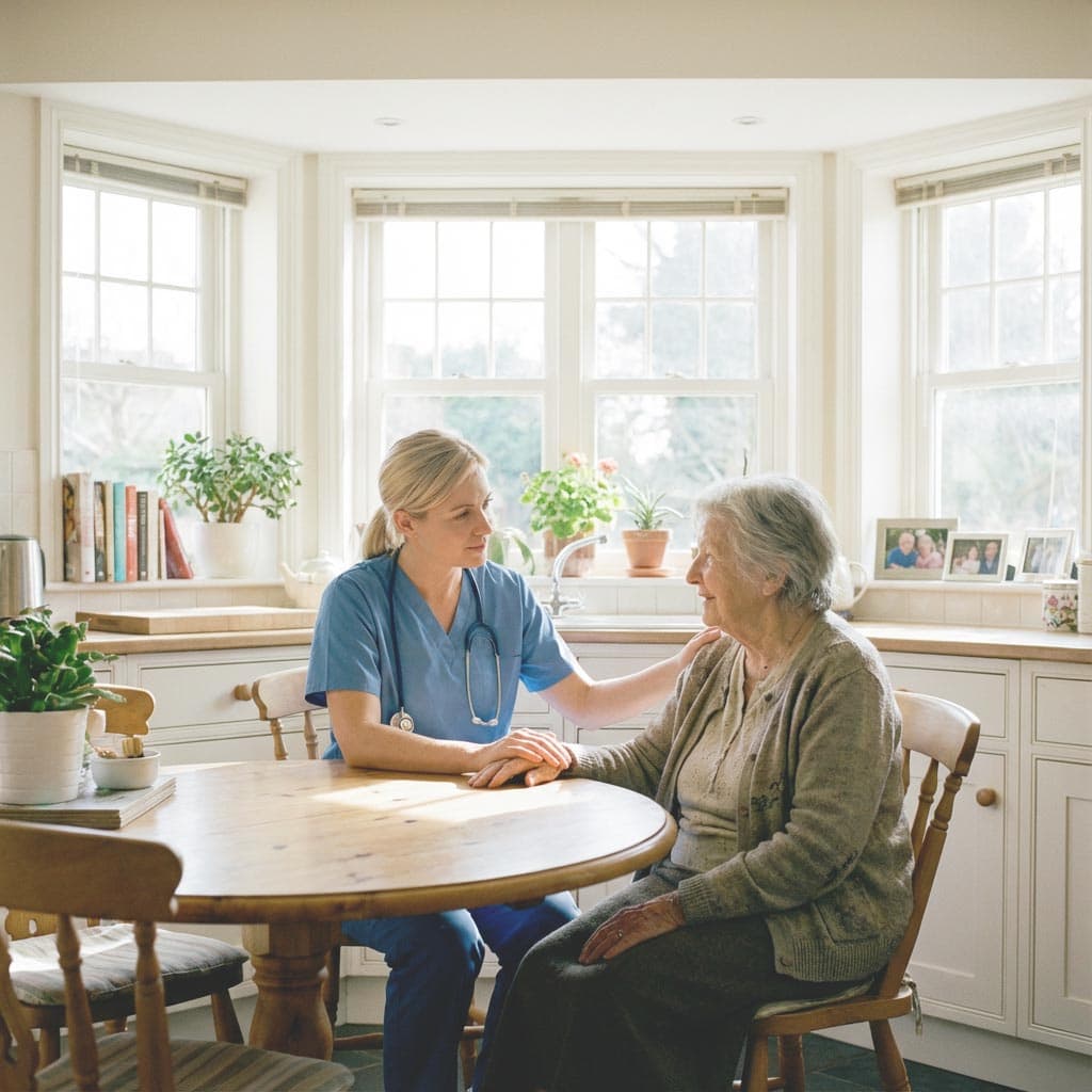 Pflegeberatung Dorsten zu Hause – Pflegefachkraft spricht beruhigend mit älterer Frau am Küchentisch