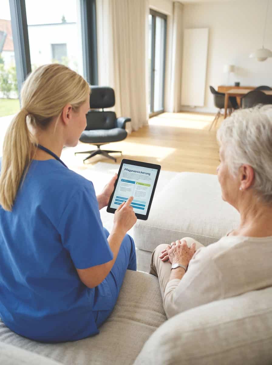 Pflegeberatung Dorsten – Pflegefachkraft erklärt einer Seniorin auf dem Tablet Leistungen der Pflegeversicherung zu Hause auf dem Sofa