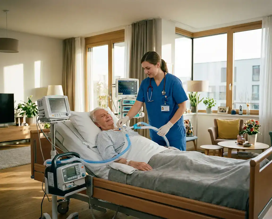 Pflegefachkraft in blauer Arbeitskleidung betreut einen älteren Patienten im Pflegebett zu Hause und überprüft die Beatmungsschläuche sowie das Monitoring.