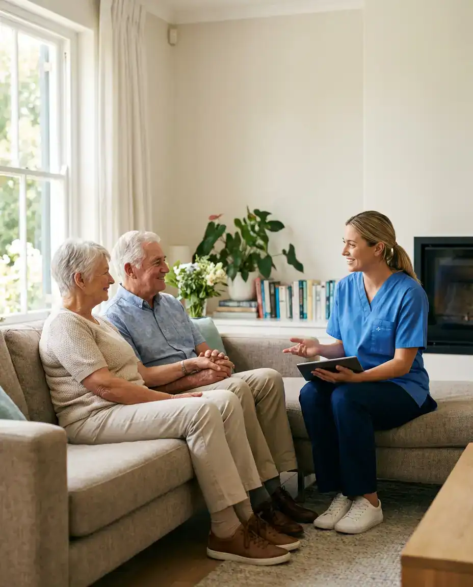 Pflegefachkraft berät älteres Ehepaar im hellen Wohnzimmer auf dem Sofa