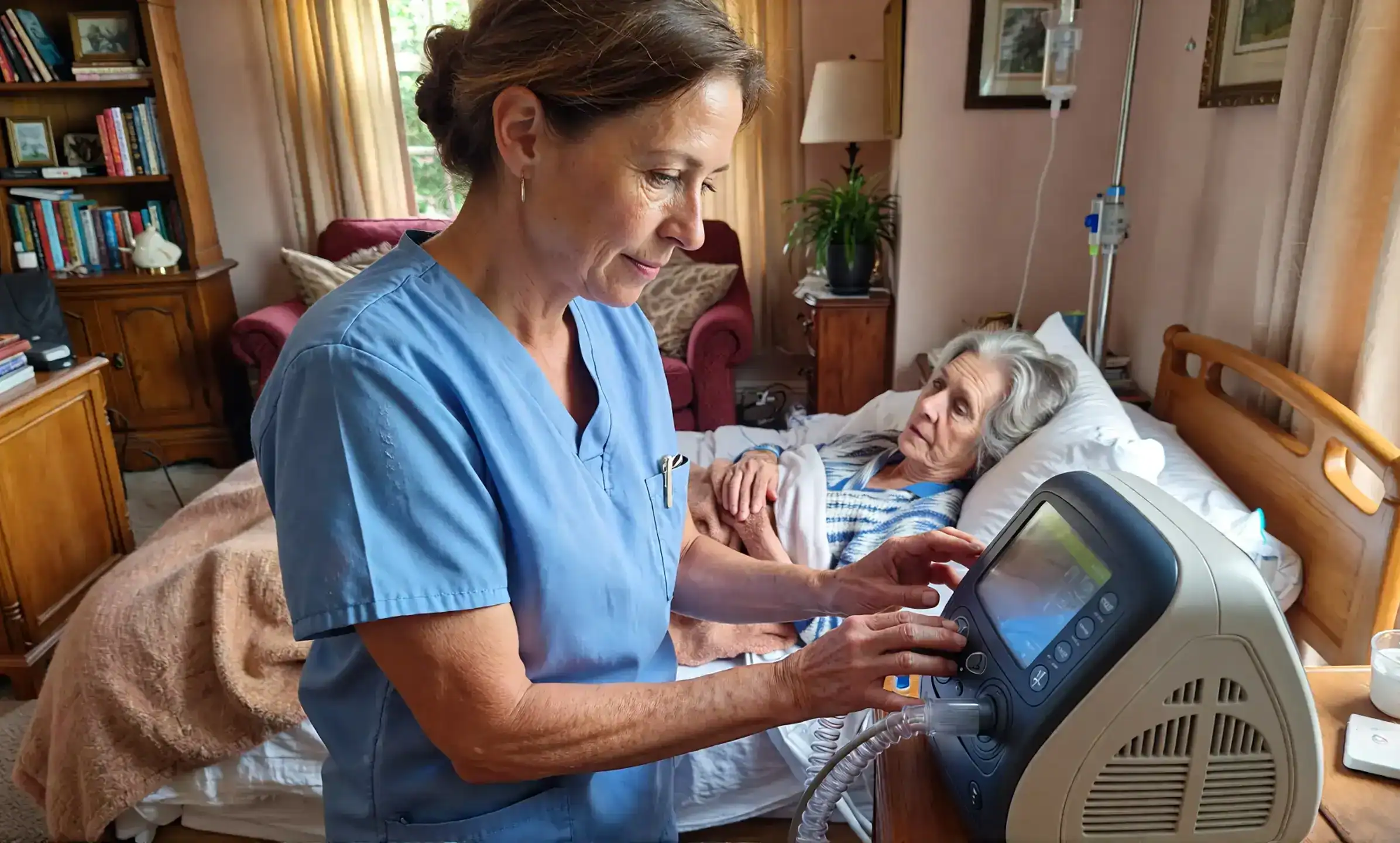 Pflegefachkraft stellt ein Beatmungsgerät im Schlafzimmer einer Patientin ein