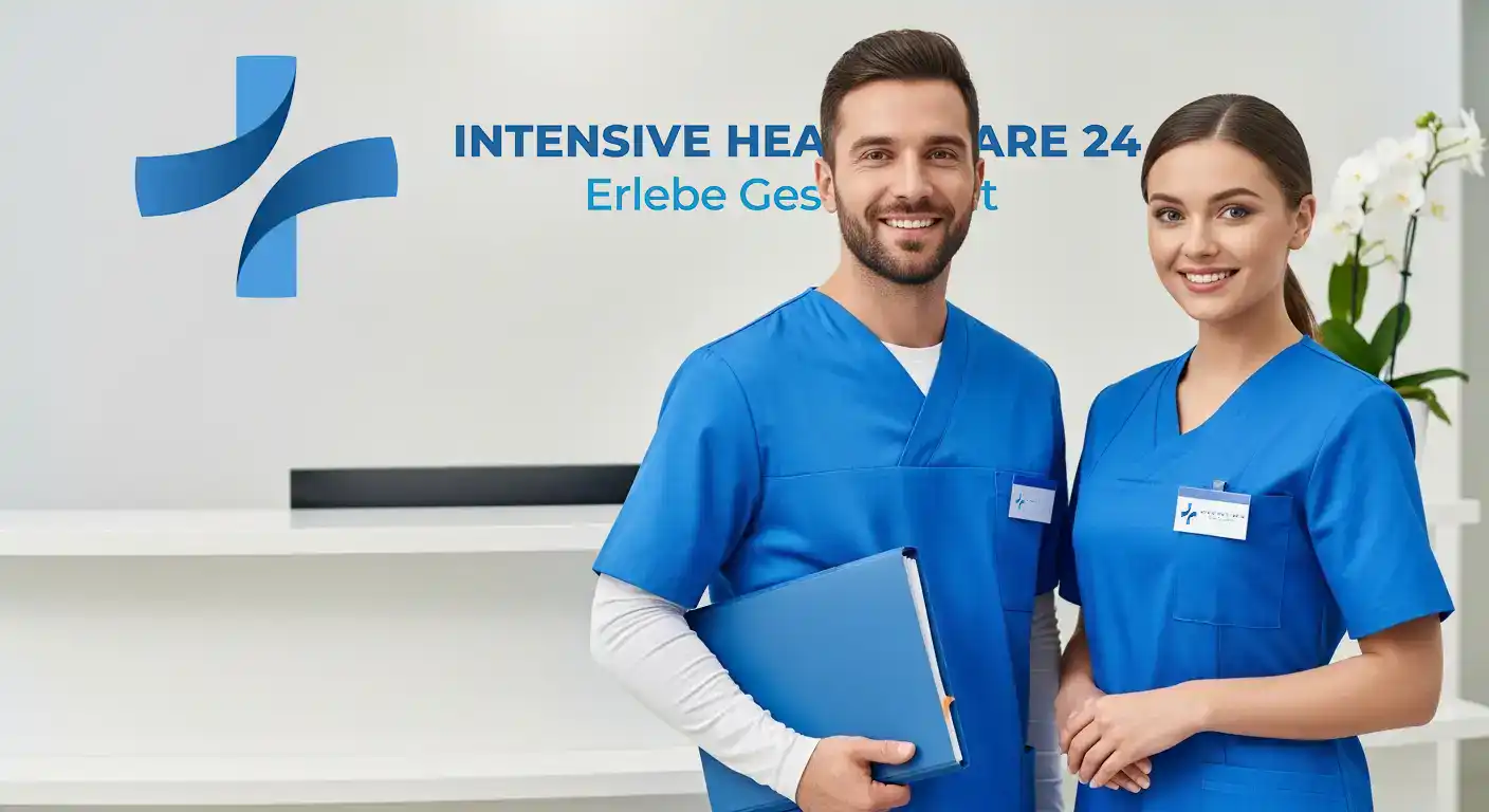 Zwei Pflegefachkräfte in blauer Arbeitskleidung stehen freundlich an einem Empfangstresen; im Hintergrund ist das IHC24 Branding an der Wand zu sehen.