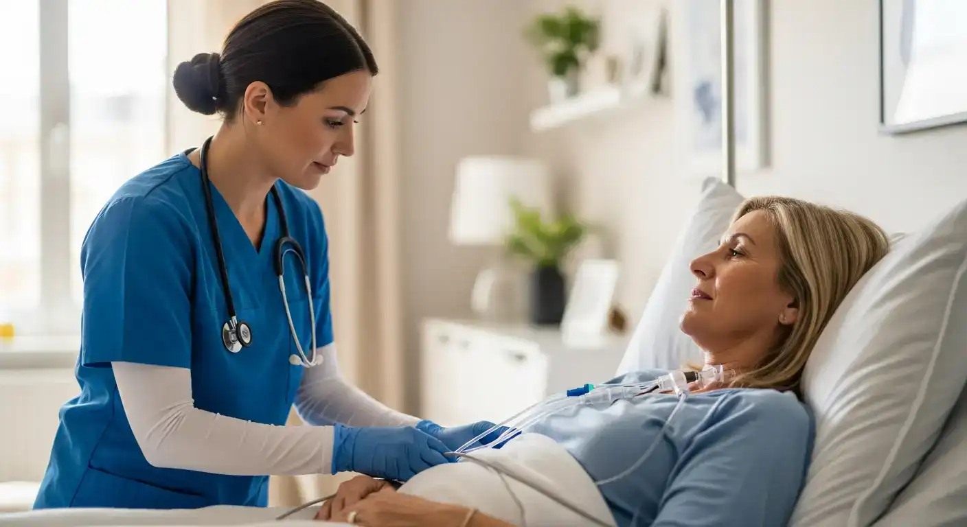 Pflegefachkraft in blauer Arbeitskleidung überprüft die Versorgung einer Patientin, die in einem Pflegebett zu Hause liegt.