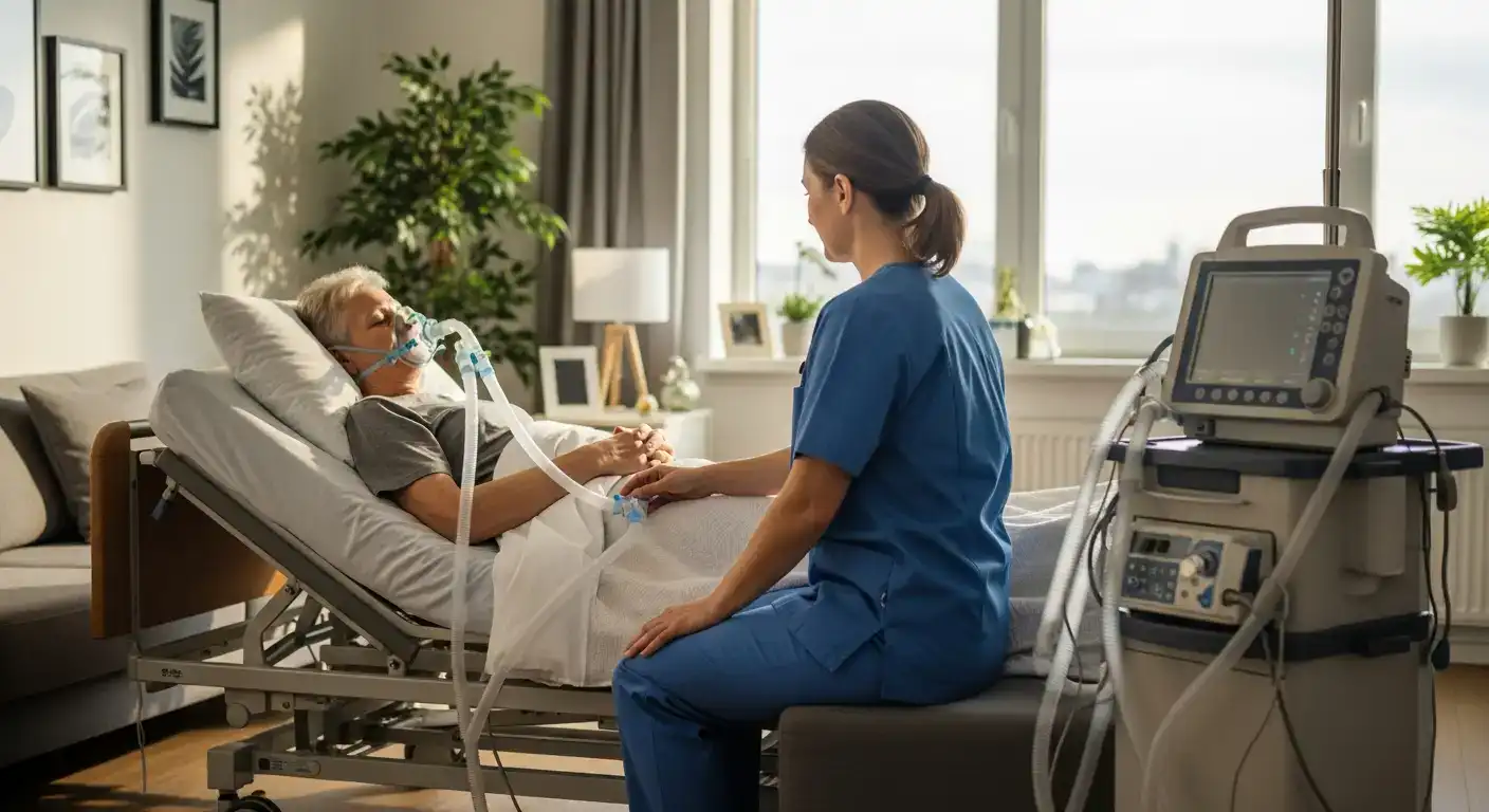 Pflegefachkraft betreut einen beatmeten Patienten im Pflegebett zu Hause, Beatmungsgerät steht neben dem Bett.