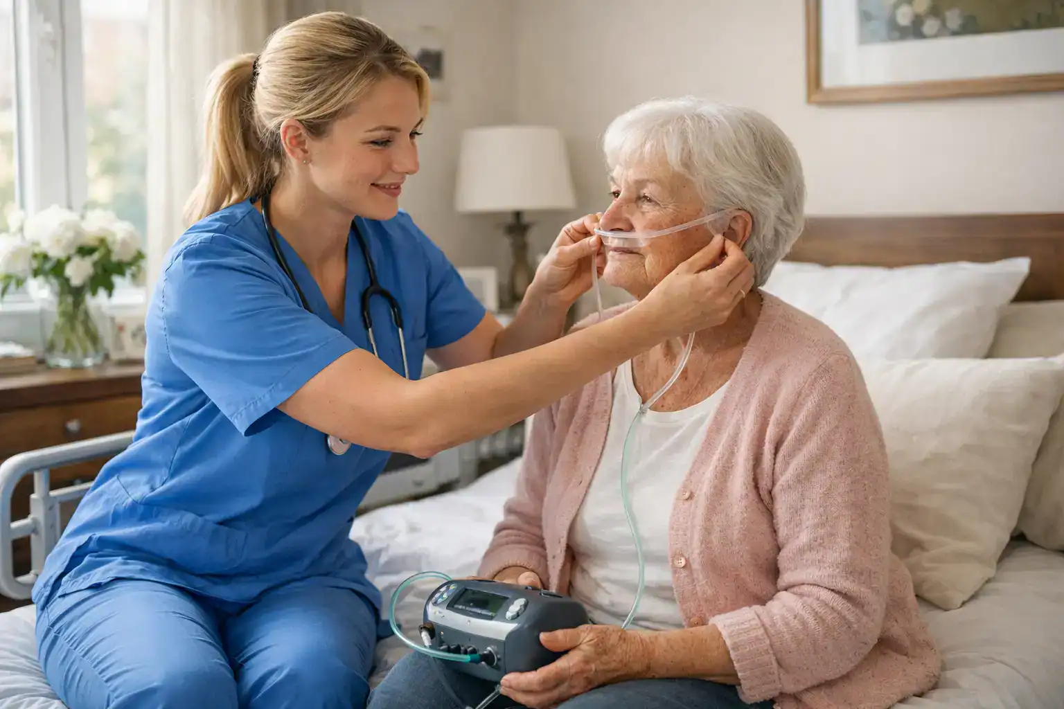 Pflegefachkraft in blauer Dienstkleidung legt einer älteren Frau im Schlafzimmer eine Sauerstoffbrille an; die Patientin sitzt auf dem Bett und hält ein medizinisches Gerät in den Händen