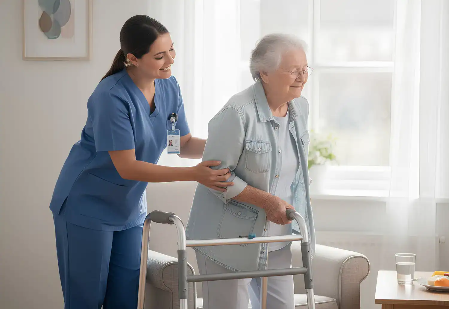 Pflegefachkraft unterstützt nach einer Patientenanfrage eine ältere Frau beim Aufstehen und Gehen mit Rollator im hellen Wohnzimmer.