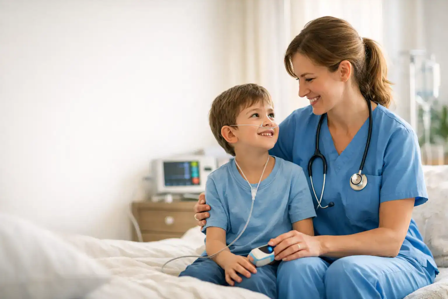 Ambulante Kinderintensivpflege: Pflegefachkraft betreut Kind mit Sauerstoffbrille und Pulsoximeter