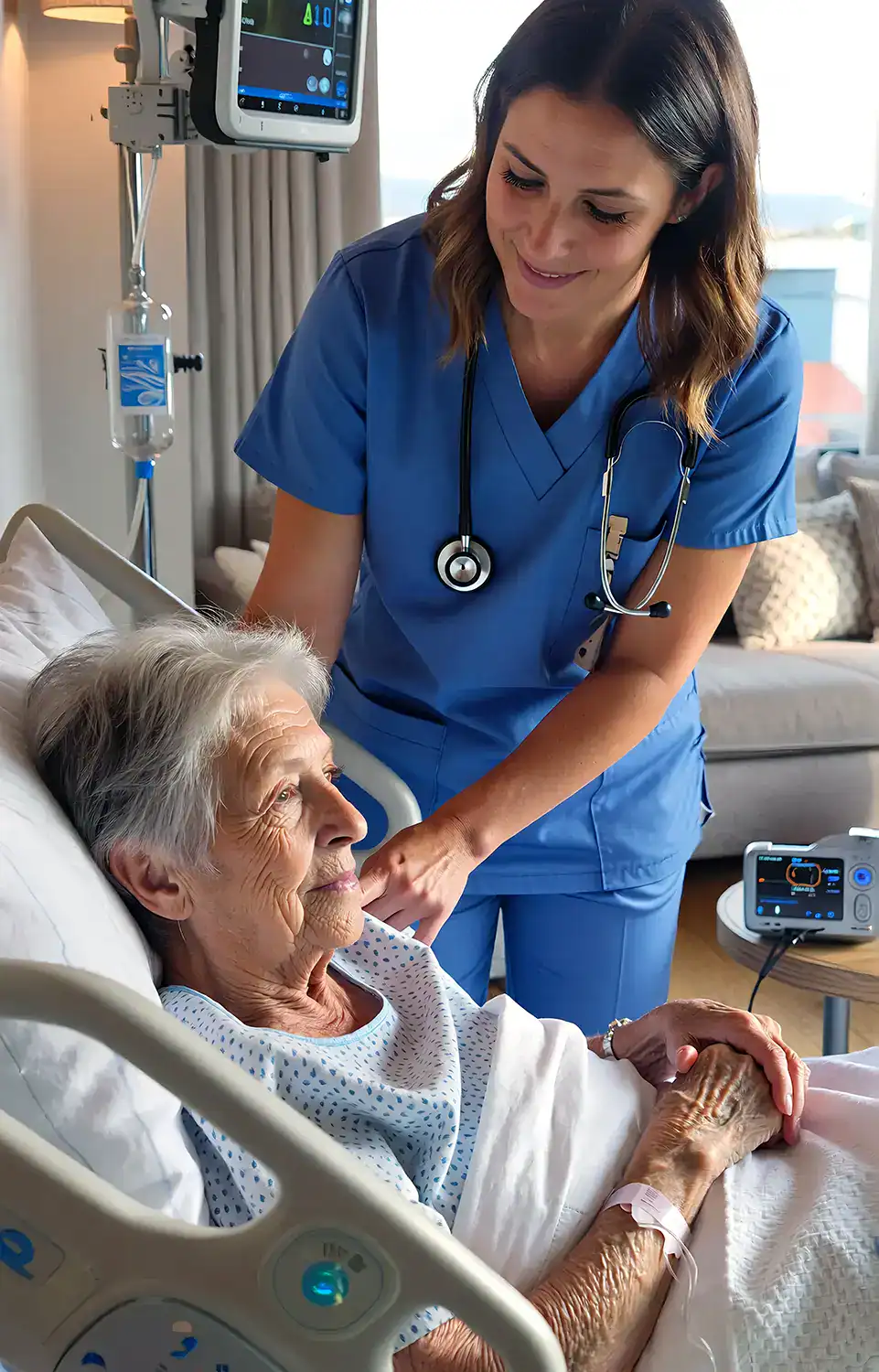 Pflegefachkraft in blauer Arbeitskleidung betreut eine ältere Patientin im Pflegebett zu Hause, im Hintergrund sind Monitor und Infusion zu sehen.