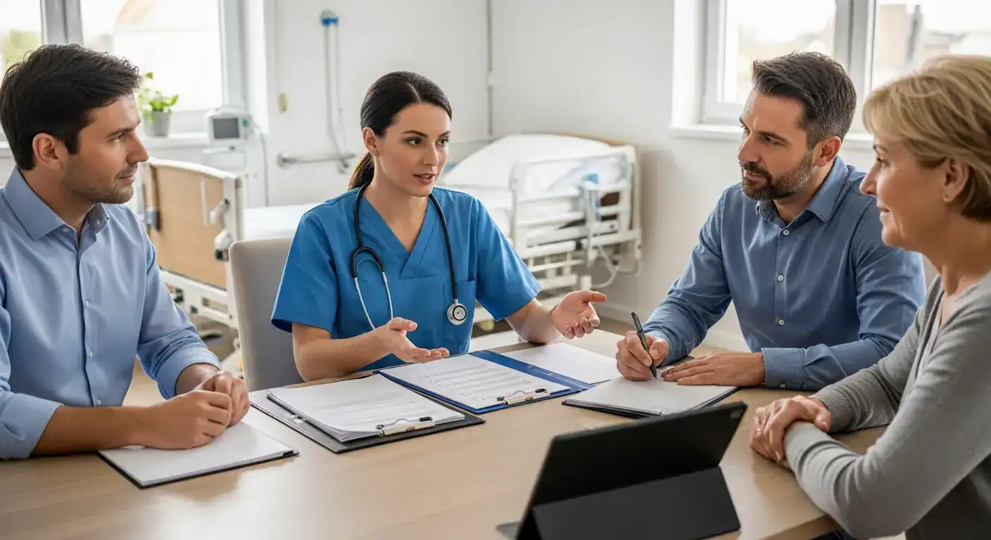 Pflegefachkraft in blauer Arbeitskleidung bespricht mit Angehörigen am Tisch den Versorgungsplan, im Hintergrund ein Pflegebett in einem hellen Raum.