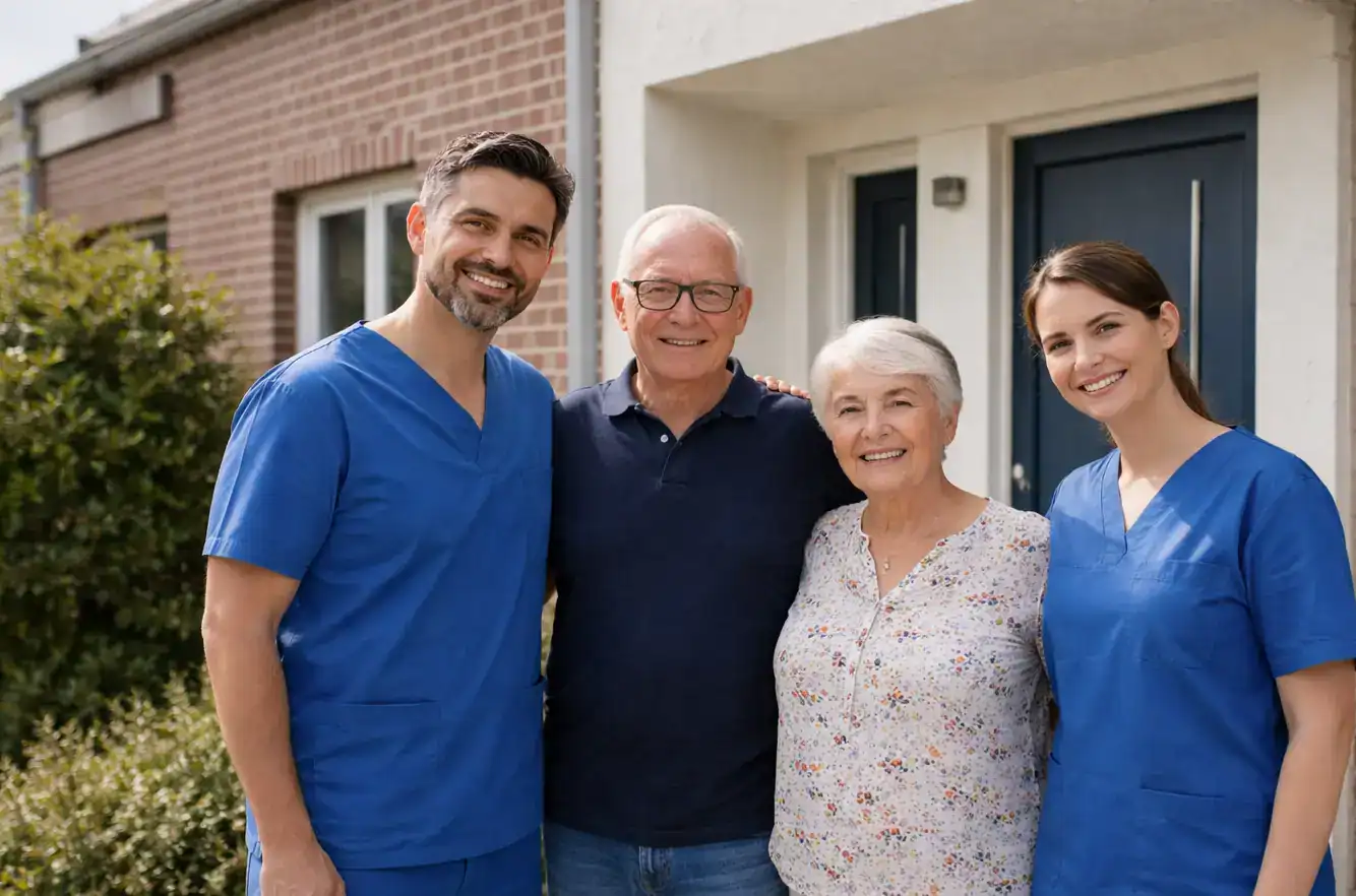 Männliche und weibliche Pflegefachkraft in blauer Arbeitskleidung stehen mit einem älteren Ehepaar vor einem Reihenhaus und lächeln in die Kamera.