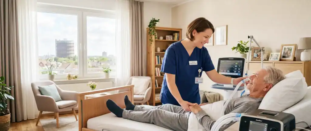 Pflegefachkraft Oberhausen: Pflegefachkraft in blauer Dienstkleidung betreut einen beatmeten Patienten in einem hellen Wohnraum und begleitet die außerklinische Intensivpflege in ruhiger Atmosphäre.