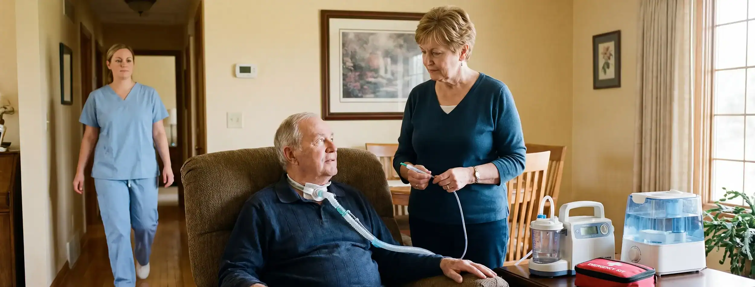 Trachealkanülenmanagement: Älterer Mann mit Trachealkanüle sitzt in einem Wohnraum, während eine Angehörige neben ihm steht und eine Pflegefachkraft im Hintergrund dazukommt; auf dem Tisch stehen Absauggerät, Befeuchtungssystem und Notfallmaterial.