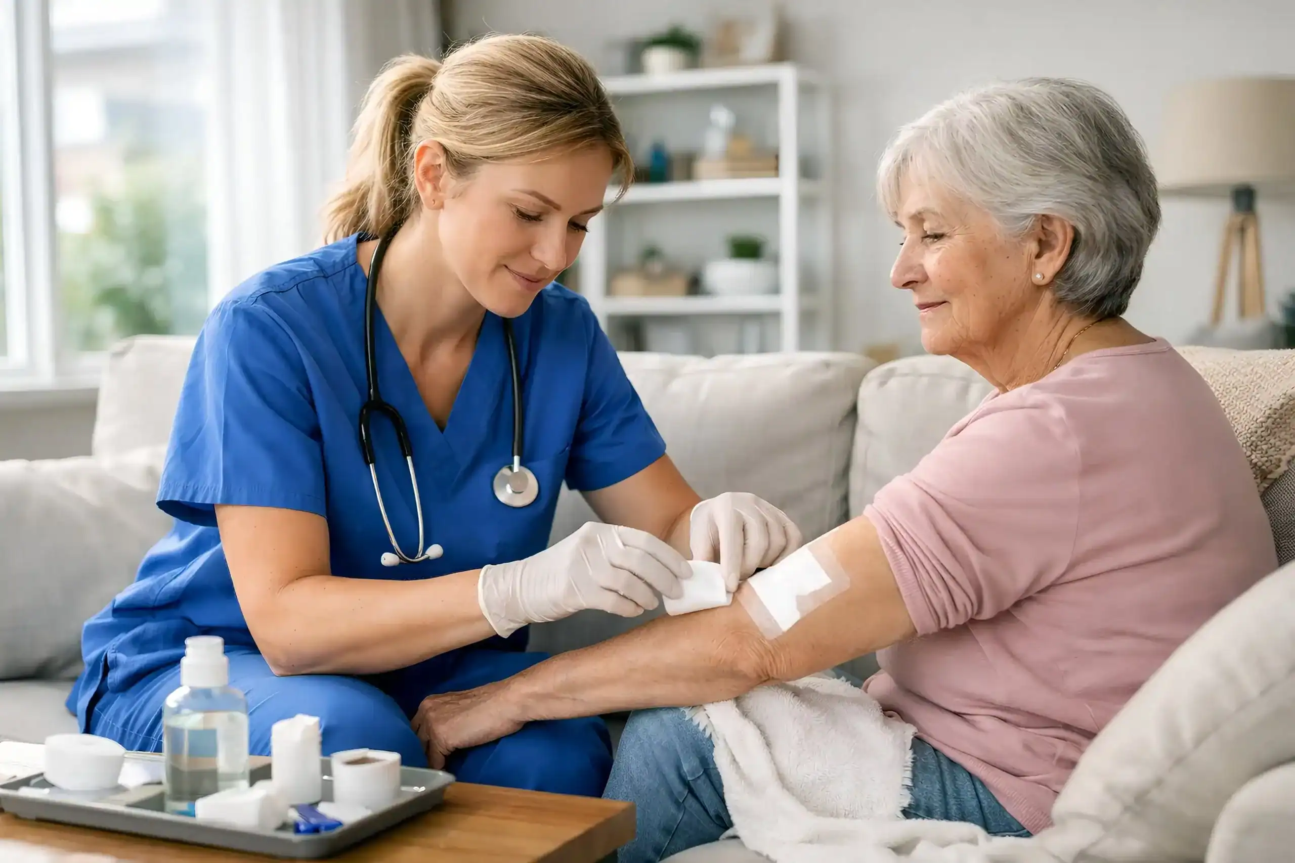 Behandlungspflege bei IHC24: Pflegefachkraft versorgt im Wohnzimmer den Arm einer älteren Frau mit einem Verband und medizinischem Material auf einem Tablett.
