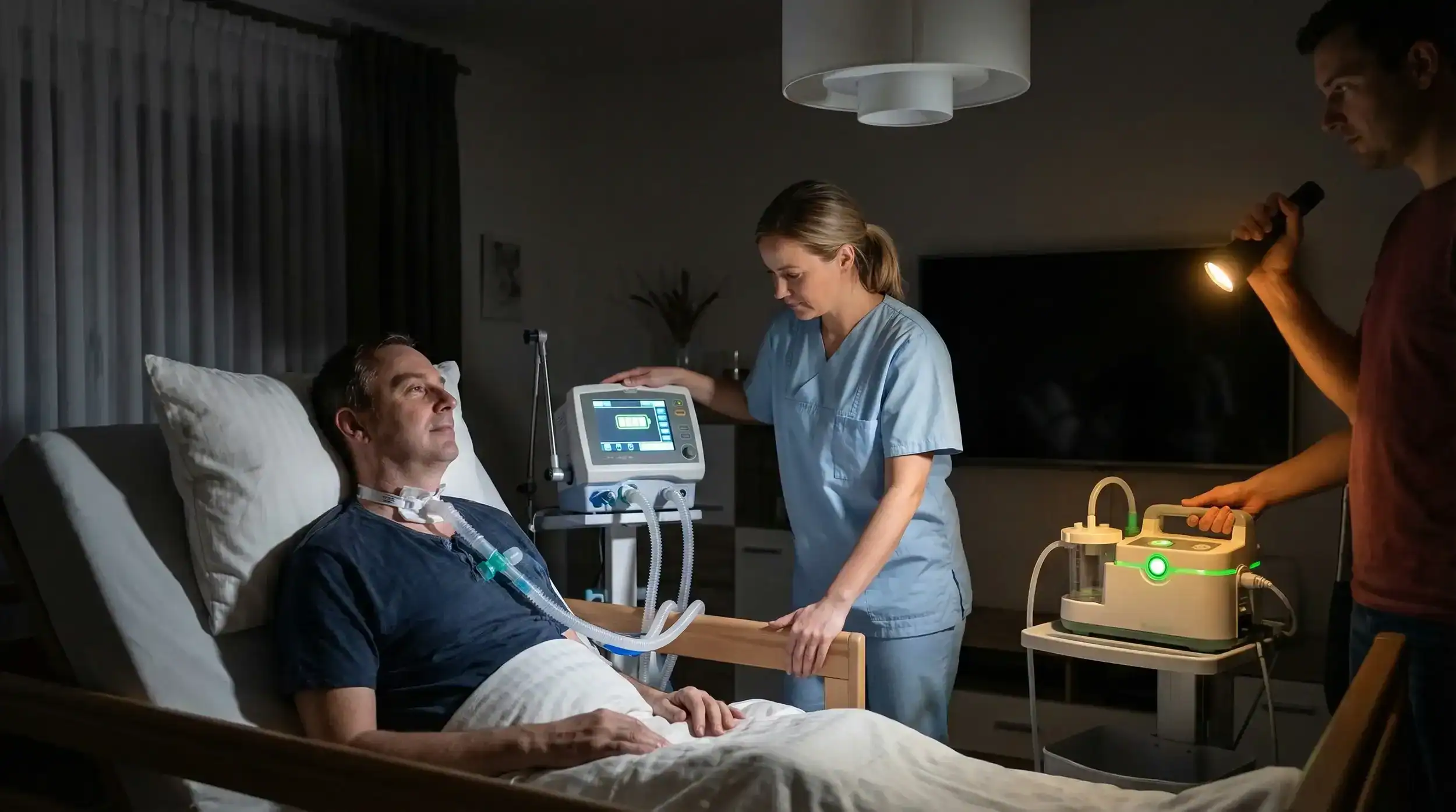 Notfallplan Stromausfall Beatmungspatienten: Beatmungspatient liegt bei Stromausfall in einem Pflegebett zu Hause, während eine Pflegekraft in hellblauer Kleidung das Beatmungsgerät kontrolliert und ein Angehöriger mit Taschenlampe sowie mobilem Absauggerät unterstützt.