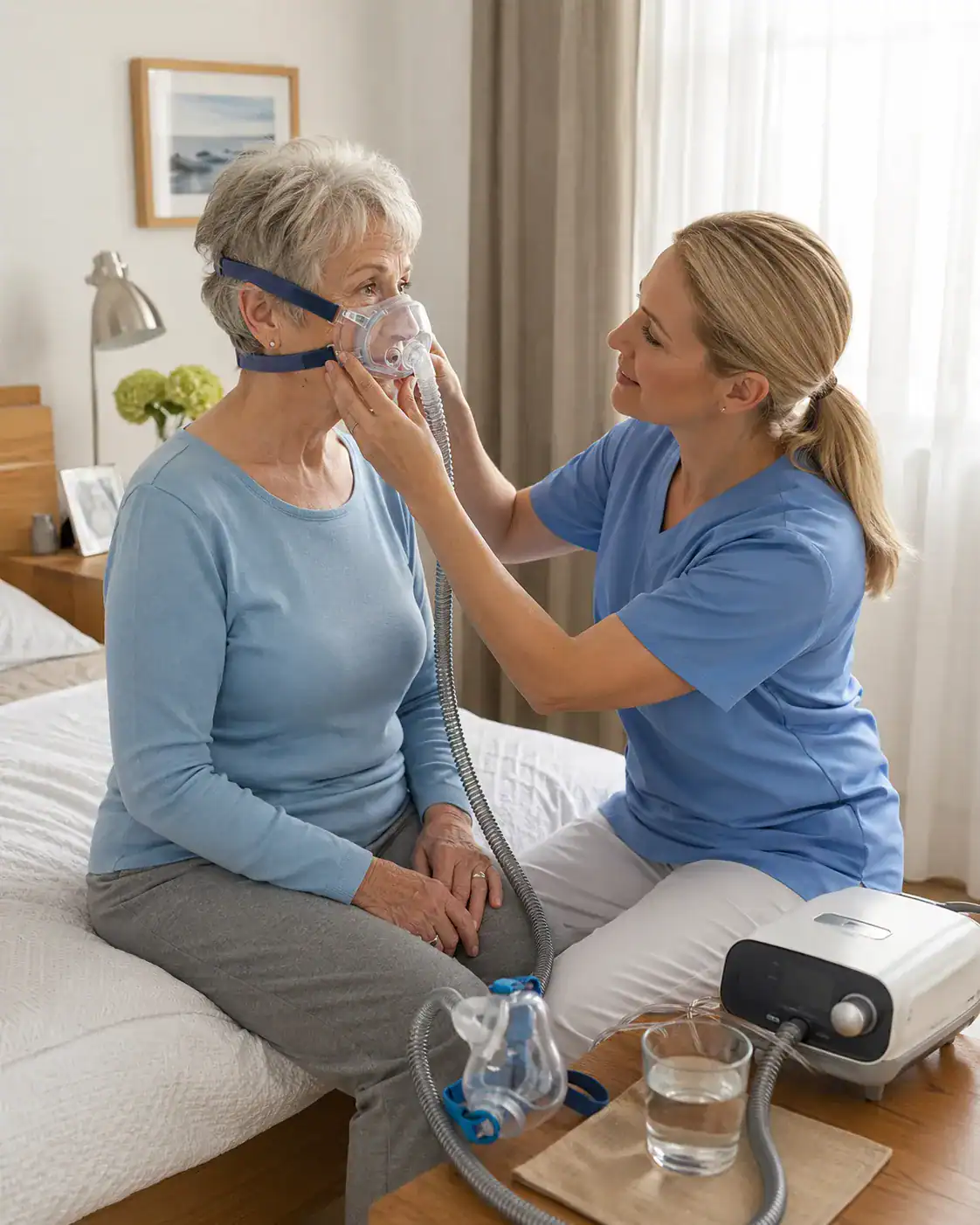 Pflegefachkraft passt einer Patientin die Maske für die nicht invasive Beatmung im häuslichen Schlafzimmer an.