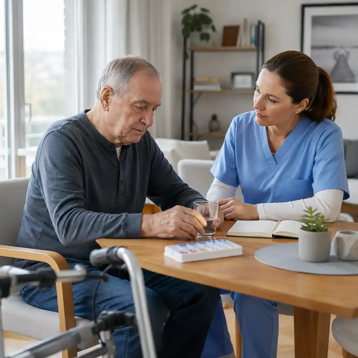 Intensivpflege bei Parkinson: Pflegefachkraft begleitet älteren Mann mit Parkinson bei der Tagesstruktur zu Hause