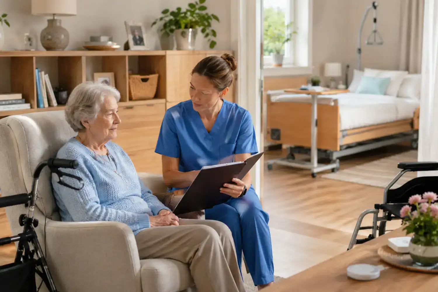 Pflegefachkraft bespricht Tagesstruktur mit älterer Frau mit Parkinson im häuslichen Umfeld
