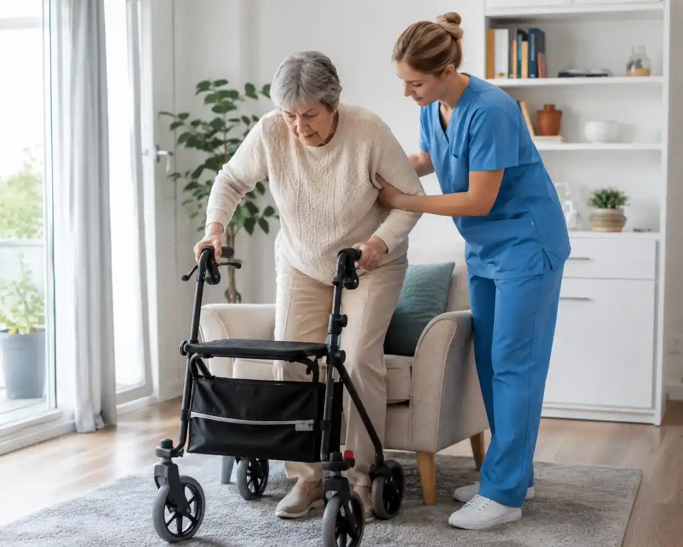 Pflegefachkraft unterstützt ältere Frau mit Parkinson beim sicheren Aufstehen mit Rollator