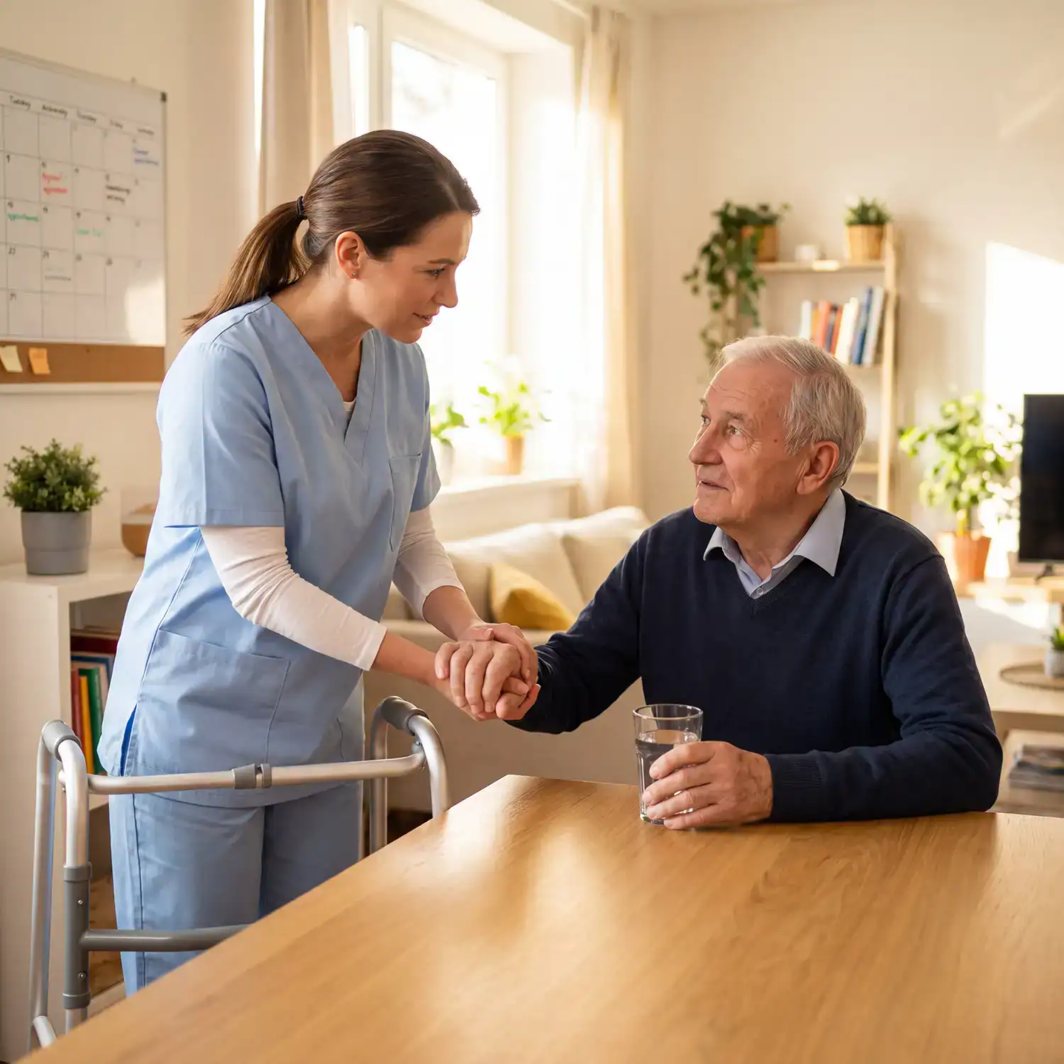 Pflegefachkraft unterstützt älteren Mann mit Parkinson im häuslichen Umfeld