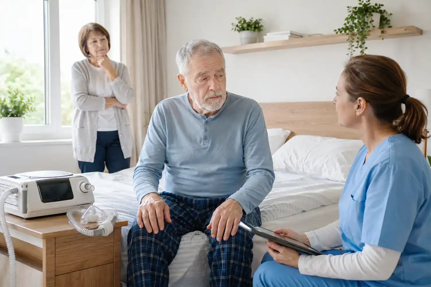 Patient sitzt morgens erschöpft auf der Bettkante, während eine Pflegefachkraft seine Versorgung bei chronischer respiratorischer Insuffizienz bespricht.