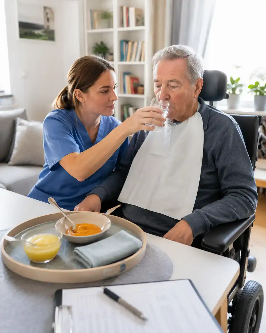 Pflegefachkraft unterstützt älteren Mann mit Parkinson beim sicheren Trinken