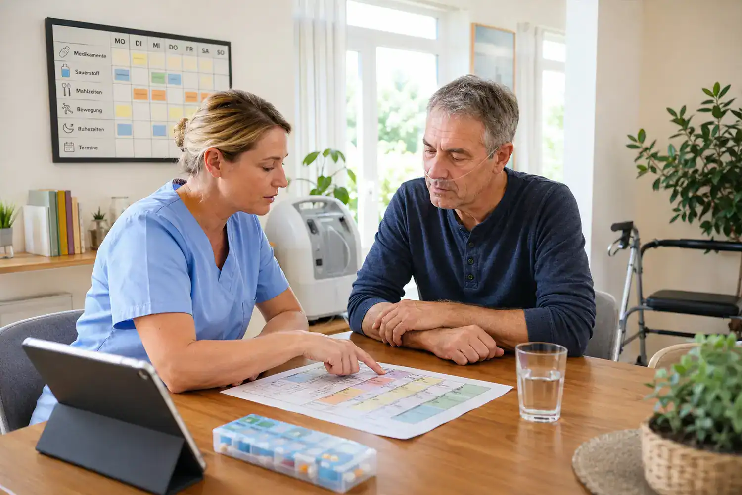 Pflegefachkraft erklärt einem Patienten mit Sauerstoffbrille einen strukturierten Tagesplan für die Versorgung bei chronischer respiratorischer Insuffizienz.