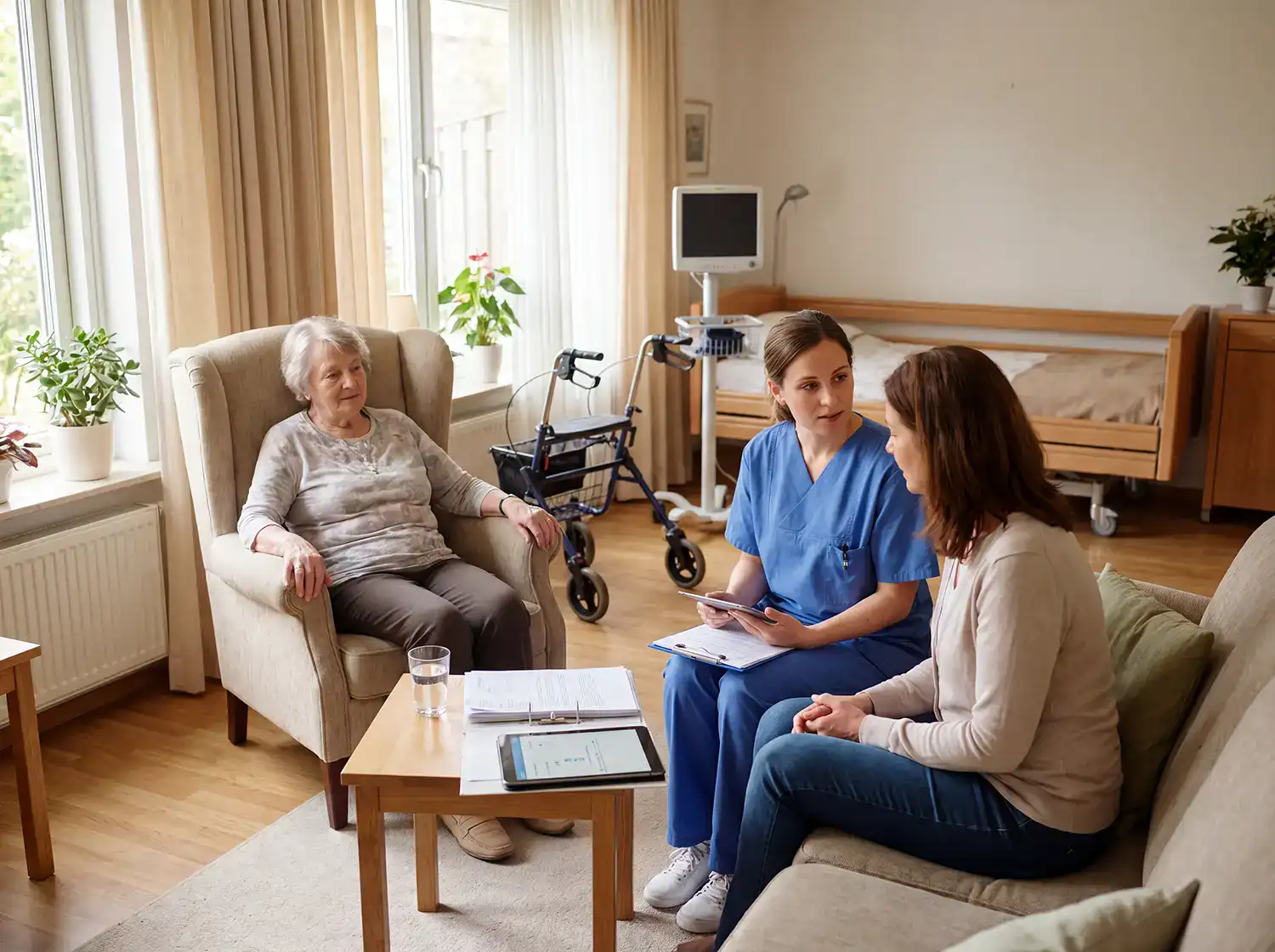 Pflegefachkraft bespricht häusliche Intensivpflege nach Schlaganfall mit Patientin und Angehöriger