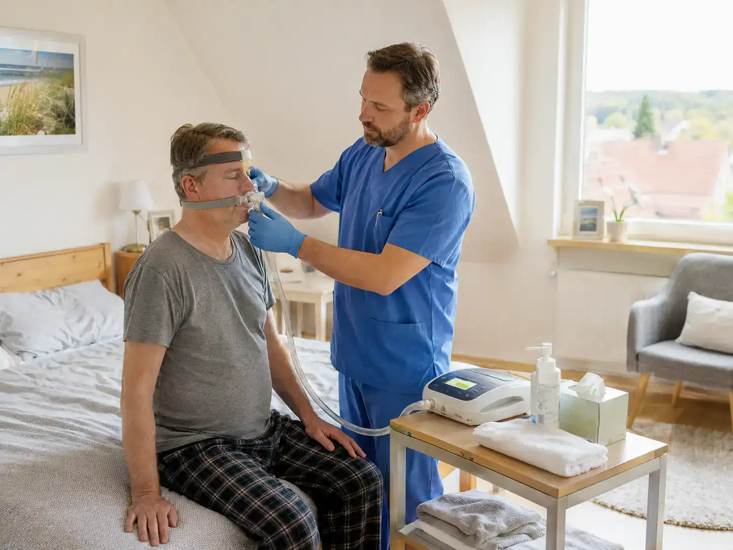 Pflegefachkraft passt einem Patienten mit schwerer Polyneuropathie im häuslichen Umfeld eine Beatmungsmaske an.