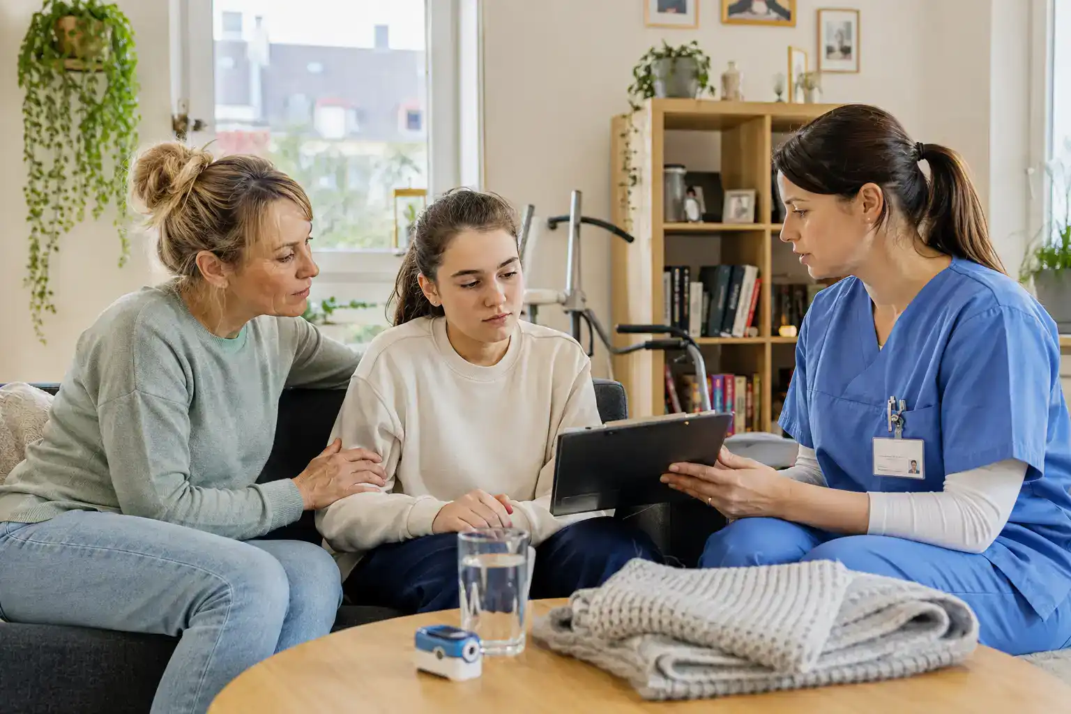 Jugendliche Patientin mit Morbus Pompe wird gemeinsam mit ihrer Mutter von einer Pflegefachkraft zu Hause beraten.