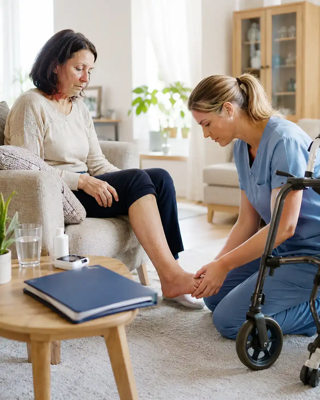 Intensivpflege bei Polyneuropathie: Pflegefachkraft kontrolliert den Fuß einer Patientin mit schwerer Polyneuropathie im häuslichen Umfeld.
