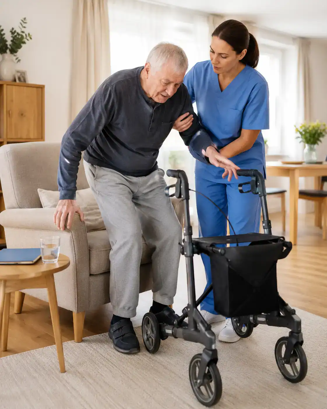 Pflegefachkraft unterstützt einen Patienten mit schwerer Polyneuropathie beim sicheren Aufstehen mit Rollator.