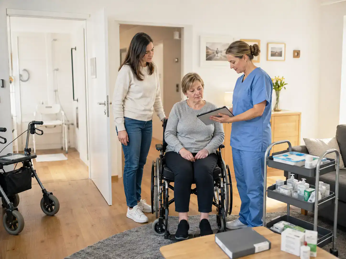 Pflegefachkraft plant mit Patientin im Rollstuhl und Angehöriger eine sichere Versorgung bei schwerer Polyneuropathie zu Hause.