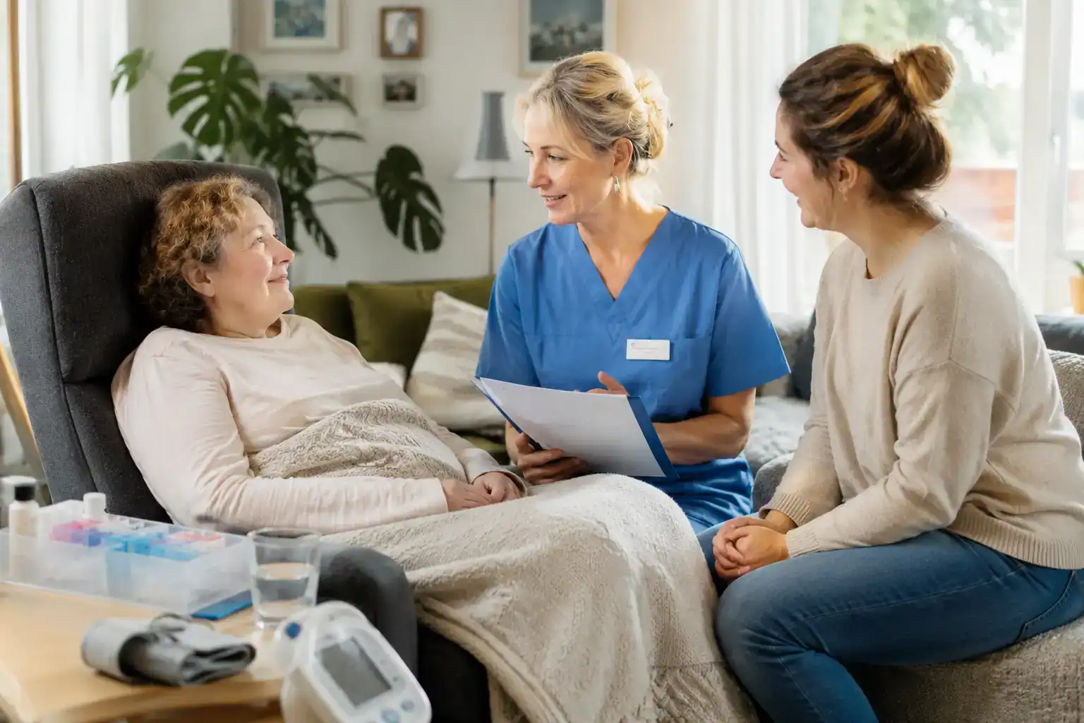 Pflegefachkraft entlastet Angehörige bei der häuslichen Versorgung einer Patientin mit Morbus Pompe.