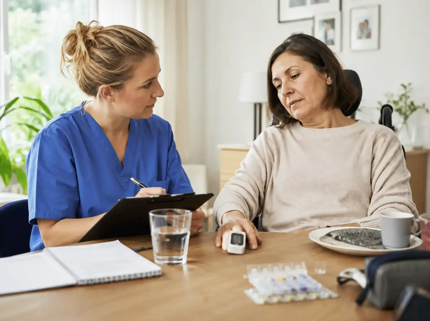 Pflegefachkraft dokumentiert frühe Veränderungen bei einer Patientin mit Morbus Pompe im häuslichen Umfeld.