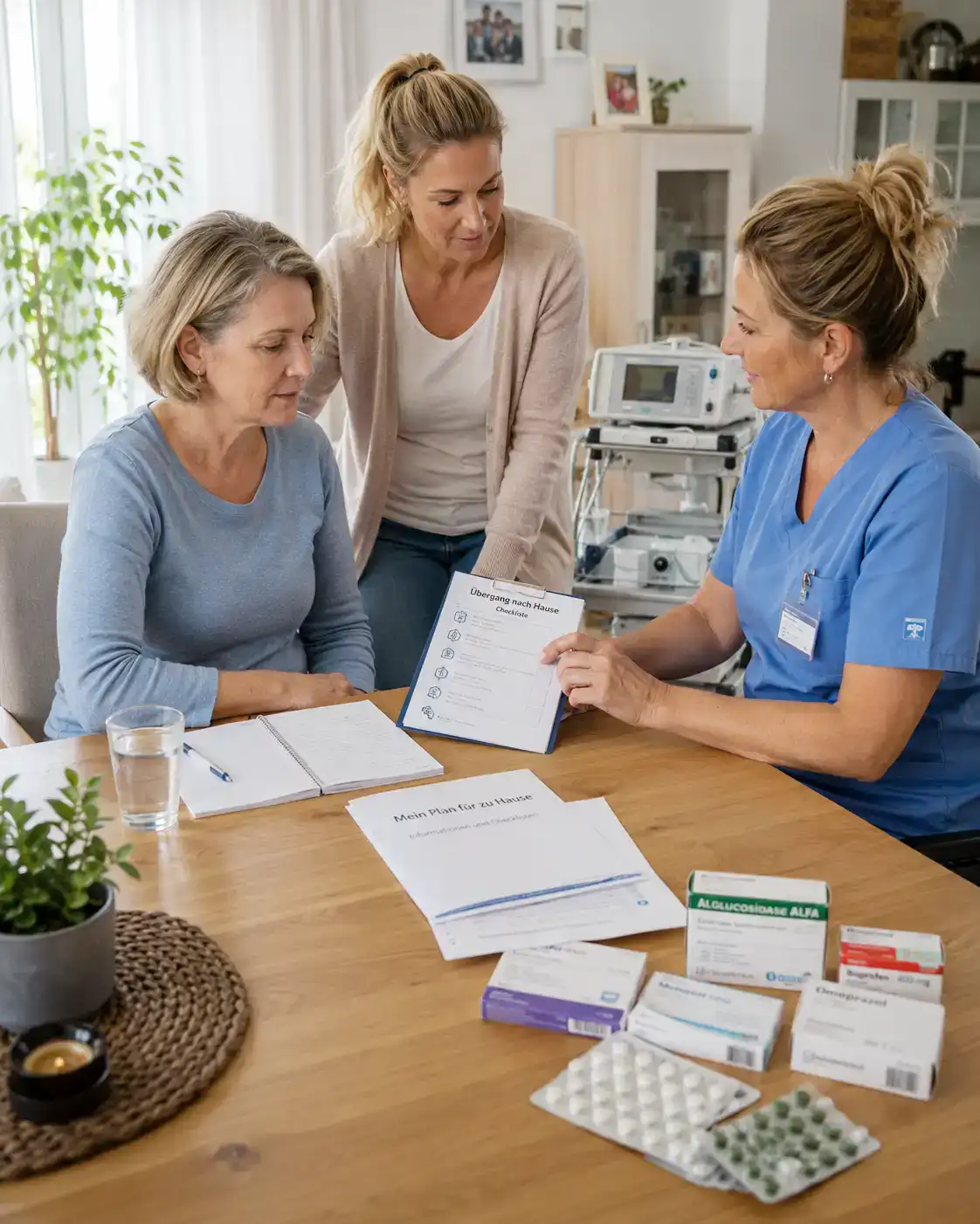 Pflegefachkraft bespricht mit Patientin und Angehöriger die häusliche Versorgung bei Morbus Pompe.