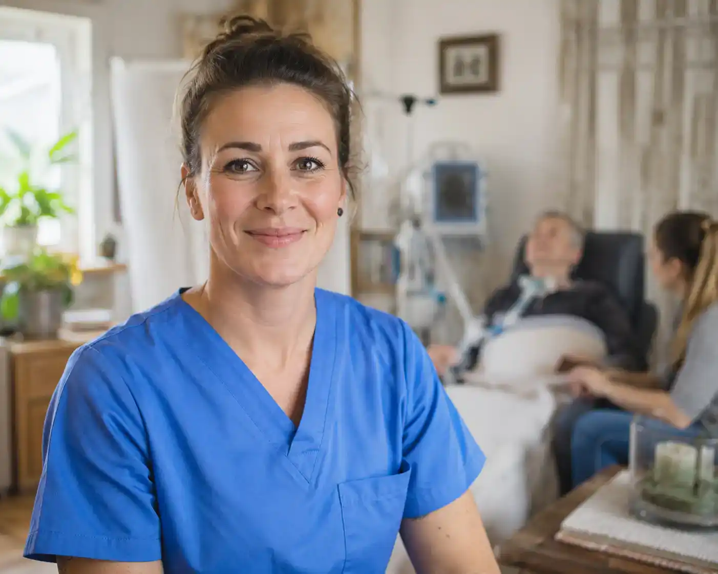 Pflegefachkraft von IHC24 lächelt in die Kamera, während im Hintergrund ein Patient mit Tracheostoma zu Hause versorgt wird.
