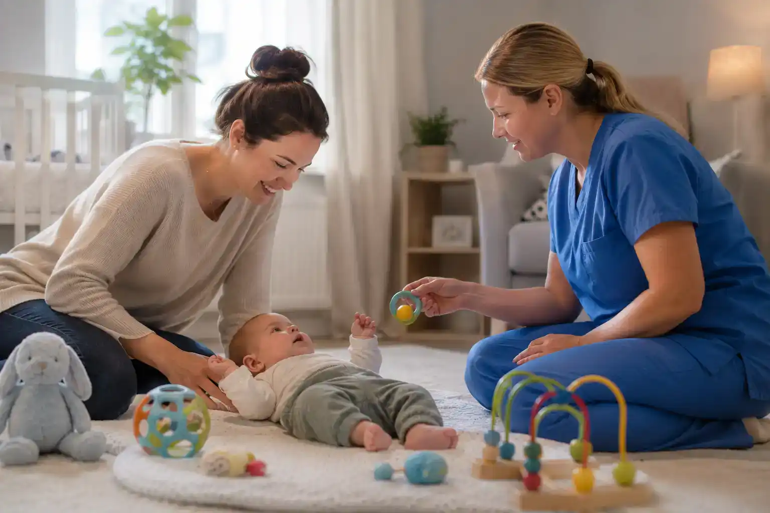 Baby liegt auf einer Spielmatte, während eine Angehörige und eine Pflegefachkraft in blauer Kleidung seine Entwicklung aufmerksam begleiten.