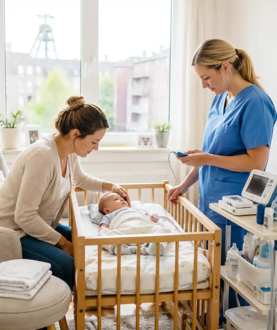 Frühgeborene mit Pflegebedarf: Frühgeborenes Baby liegt zuhause im Babybett, während eine Angehörige es liebevoll berührt und eine Pflegefachkraft das Monitoring überprüft.