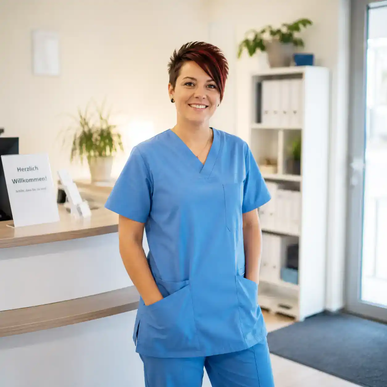 Pflegefachkraft mit dunkelbraunen Haaren und roten Strähnen steht in mittelblauer Arbeitskleidung im Empfangsbereich eines Pflegedienstes.