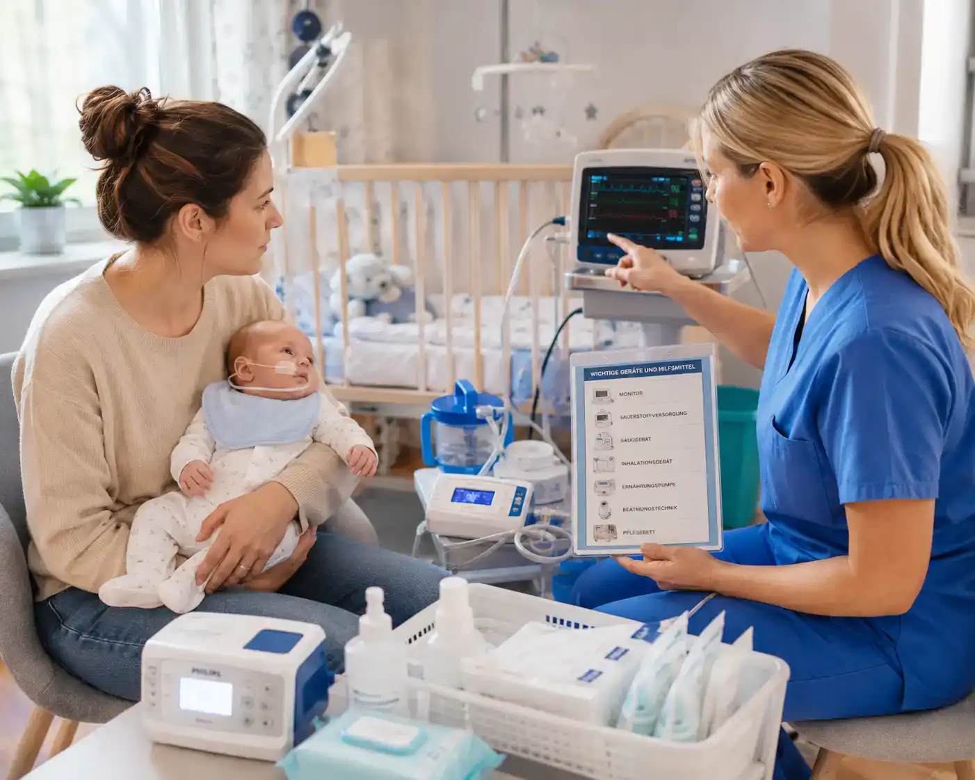 Pflegefachkraft erklärt einer Mutter die medizinischen Hilfsmittel und das Monitoring für die häusliche Versorgung eines frühgeborenen Babys.