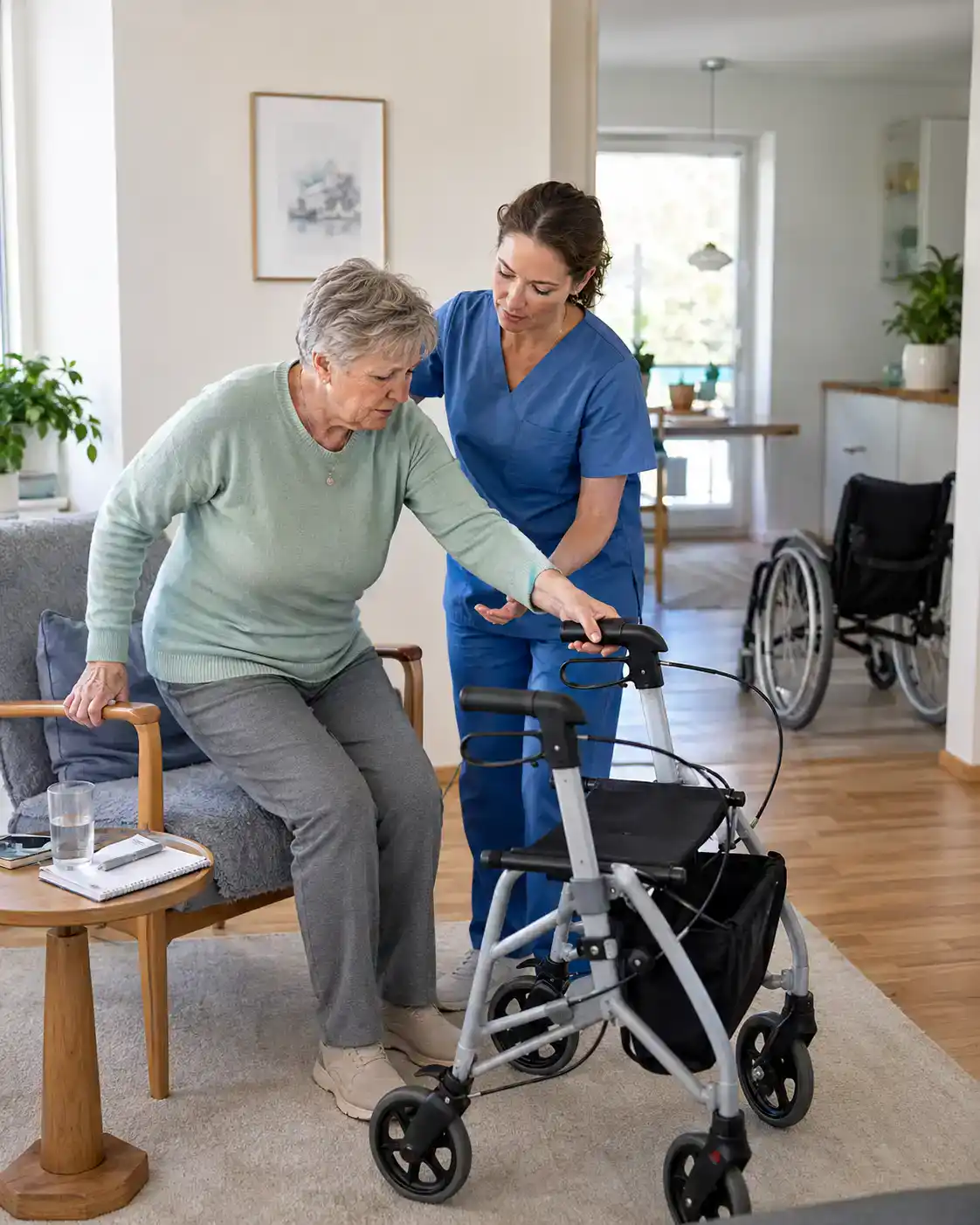 Intensivpflege bei Post-Polio-Syndrom: Pflegefachkraft unterstützt eine ältere Frau beim sicheren Aufstehen mit Rollator in einer hellen Wohnung.
