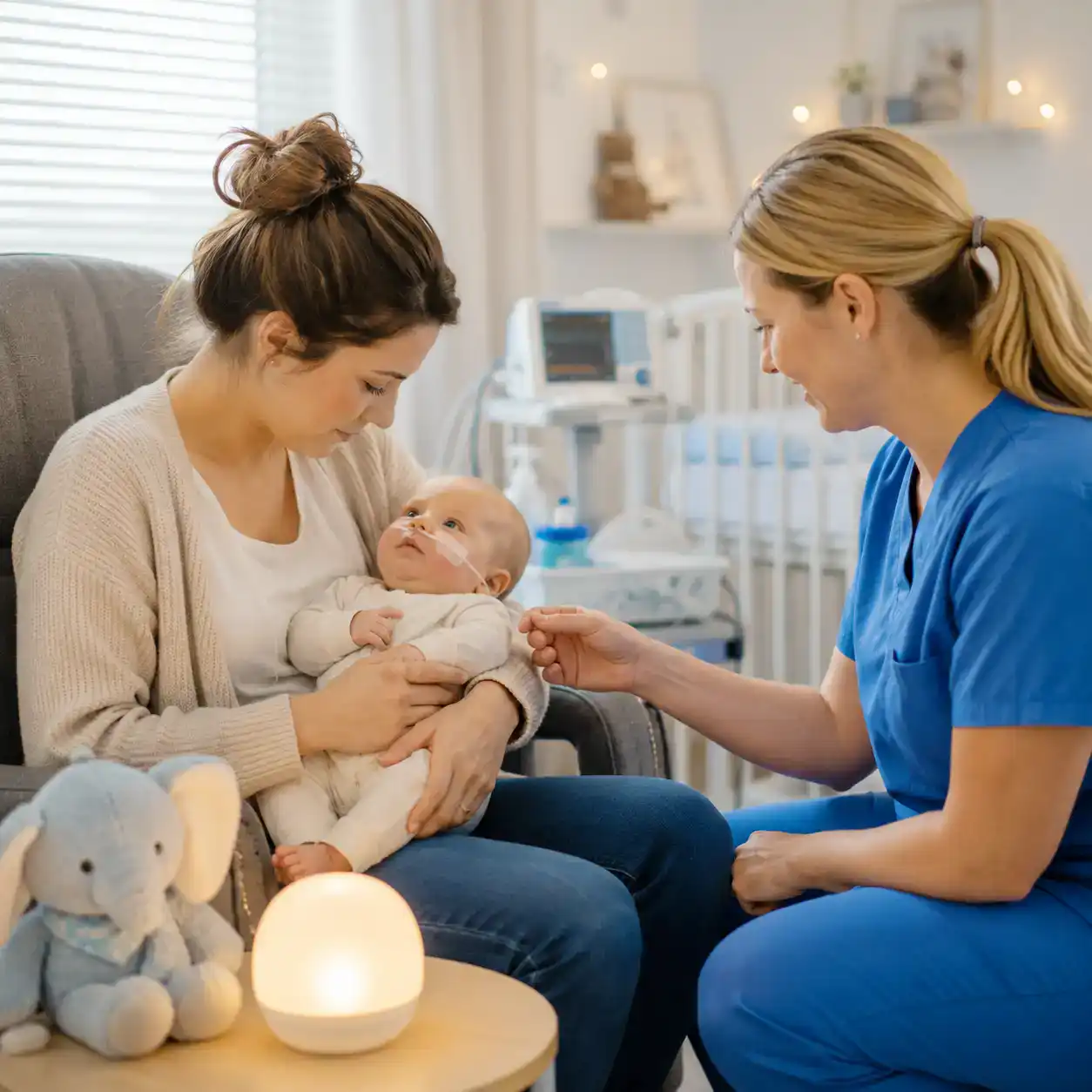 Mutter hält ihr frühgeborenes Baby mit Sauerstoffunterstützung im Arm, während eine Pflegefachkraft in blauer Kleidung die Situation ruhig begleitet.
