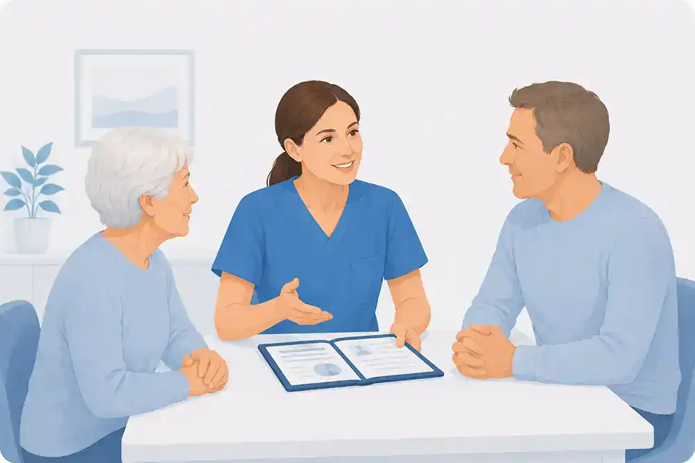 llustration eines gemeinsamen Gesprächs zwischen Pflegefachkraft, Angehörigen und Patientin zur Abstimmung der Versorgung.